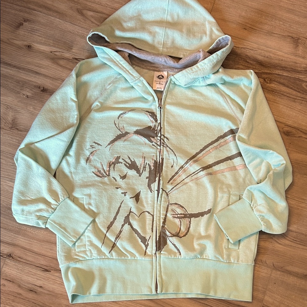 Disney Mint Green Zip-Up Hoodie with Artistic Tinkerbell on front .
